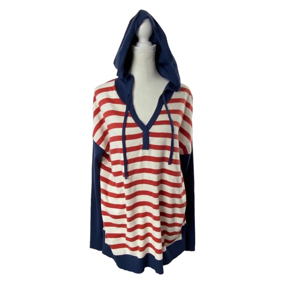 NWT CASLON Women Nordstrom Nautical Hood Sweater Sz M Rust Stripe Ivory 80-17